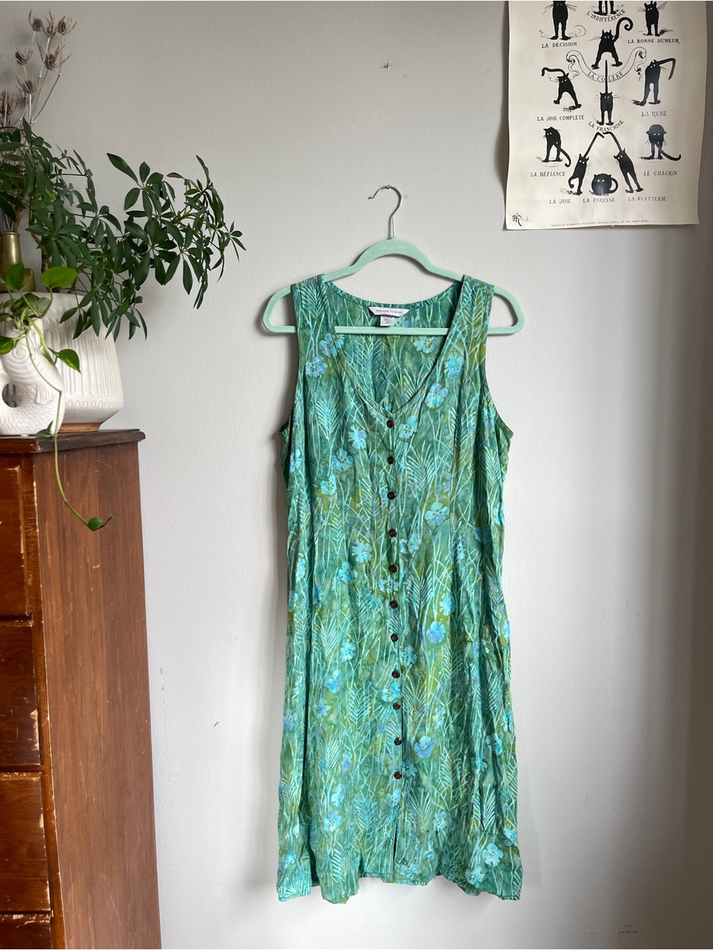 Boho Nomadic Traders Green Tropical Floral Button-Front Midi Sundress
